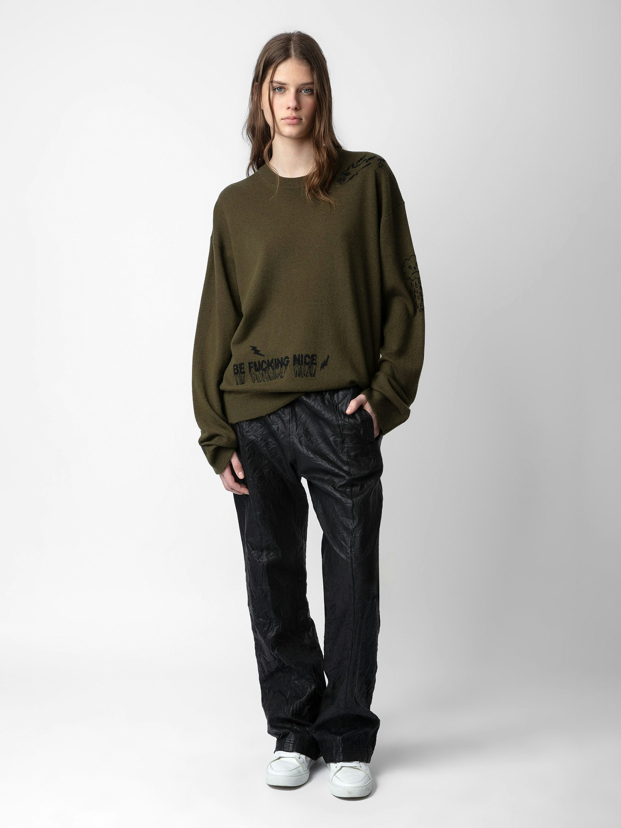 Marko Jumper - Khaki wool and cashmere long-sleeved jumper with graffiti motifs and slogans.